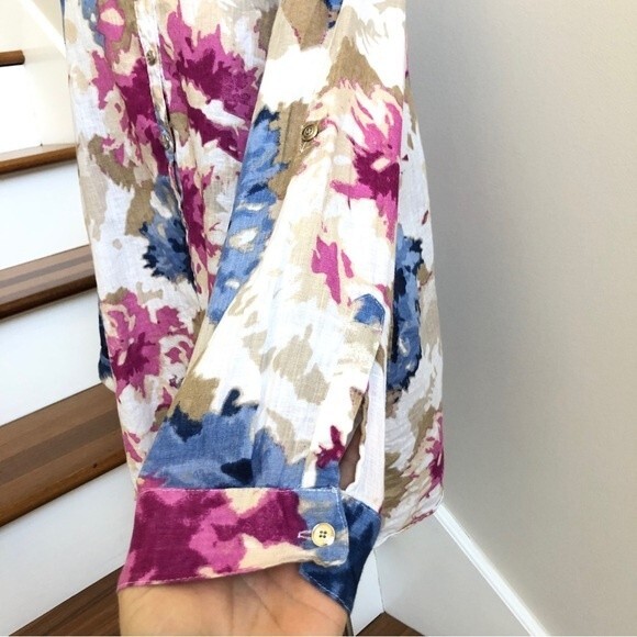 JM Collection Blouse Womens 14 Purple Blue Linen Watercolor Floral Asymmetrical - Picture 9 of 12